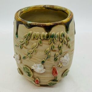 VTG Hand Made Studio Art Pottery Signed Vase With Applied Flower& Birds 4” Tall